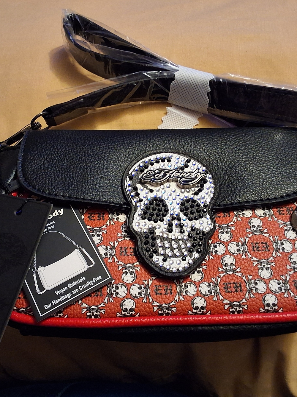 Ed Hardy Red Skull Print Crossbody Bag
